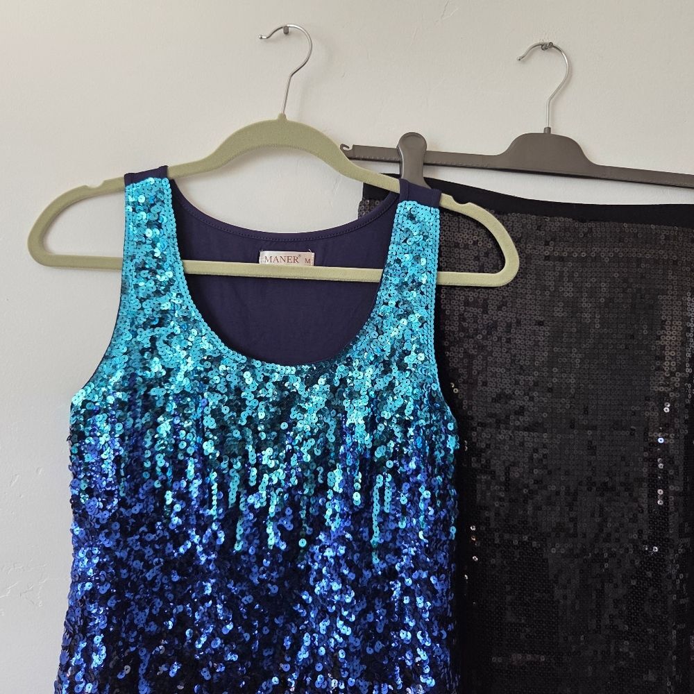 Sequin Set Skirt Camisole Party Flashy Fun Outfit Blue Black Cocktail Medium - Picture 9 of 10